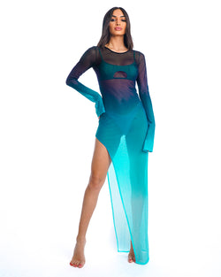 VESTIDO TUBO HAVANNA CON ABERTURA VERDE PETRÓLEO