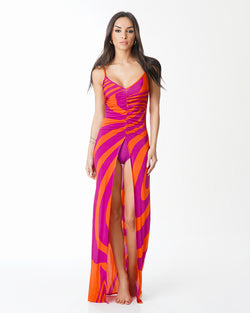 ARMAZÓN VESTIDO FRUNCIDO DELANTERO FUCSIA NARANJA